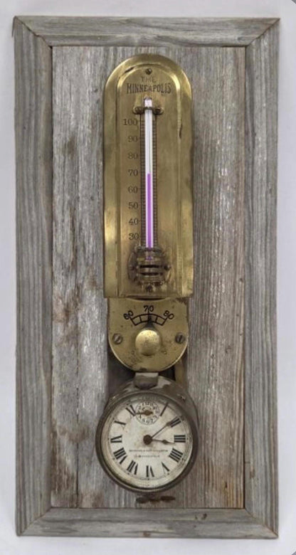 Antique Minneapolis Heat Regulator Thermostat w Clock | Early Programmable Wall Thermometer | Industrial Brass Heating Control | c.1915-1918