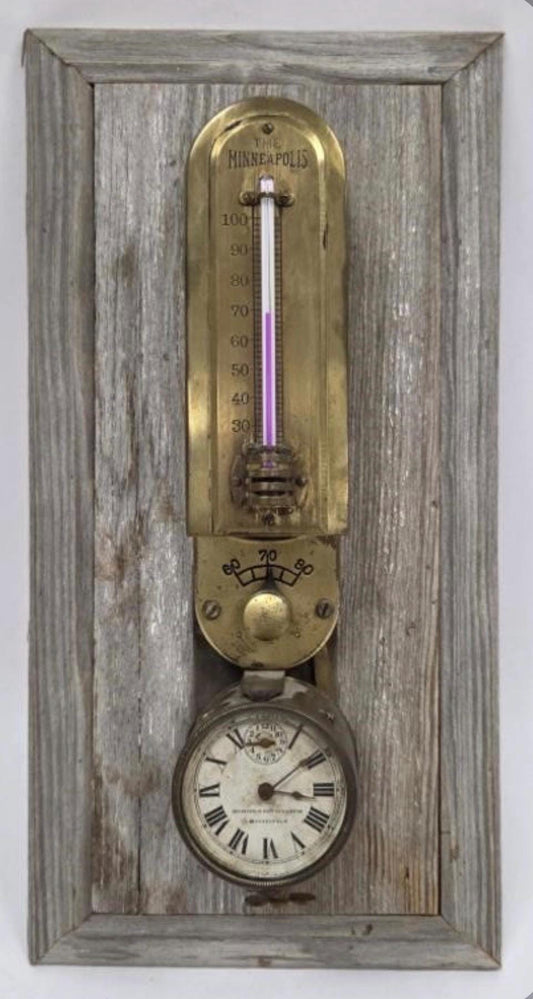 Antique Minneapolis Heat Regulator Thermostat w Clock | Early Programmable Wall Thermometer | Industrial Brass Heating Control | c.1915-1918