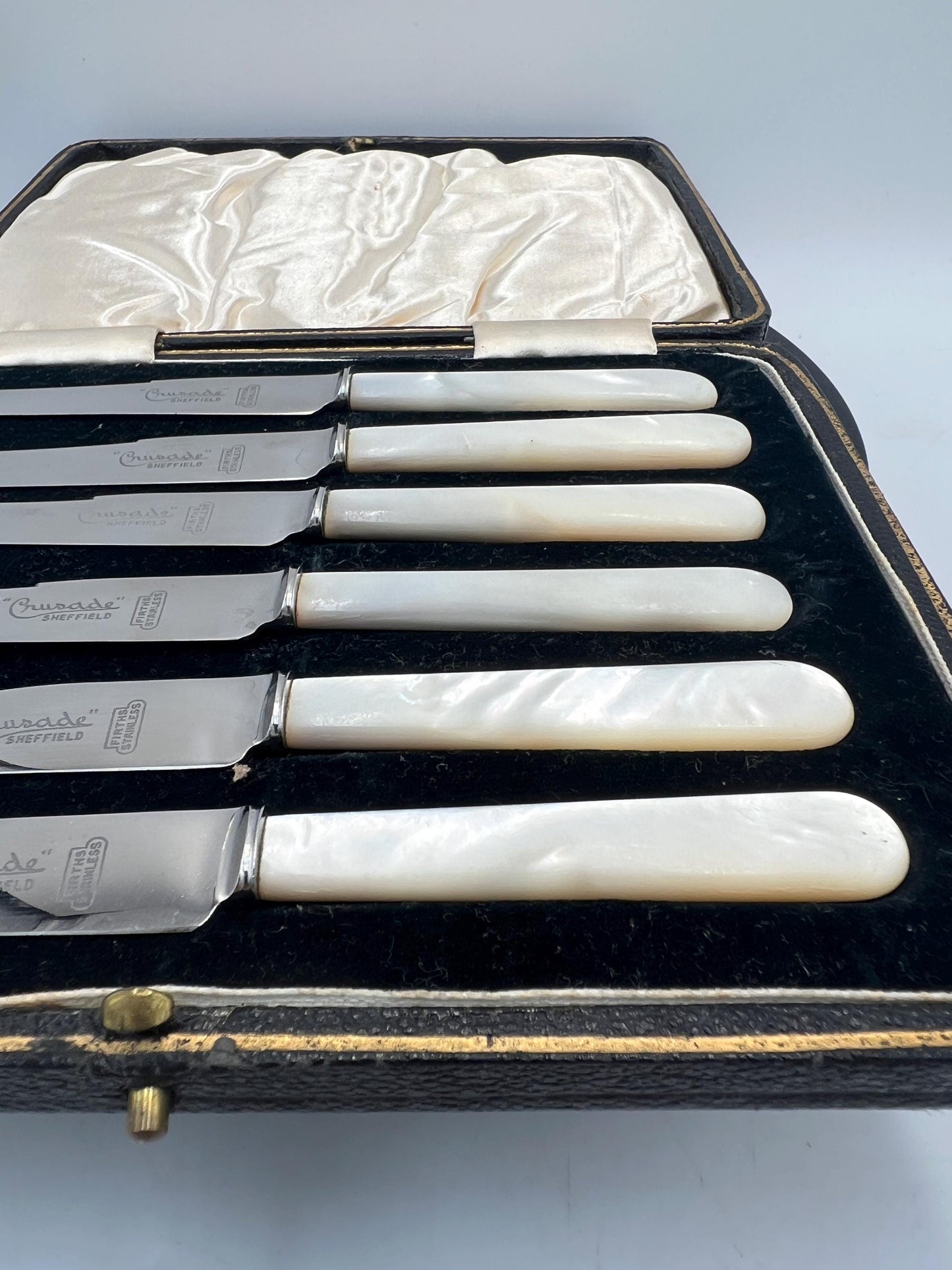 Vintage Boxed Set of 6 Sheffield "Crusade" Fruit Knives | Genuine Mother of Pearl Handles & Firths Stainless Steel Blades | Original Case