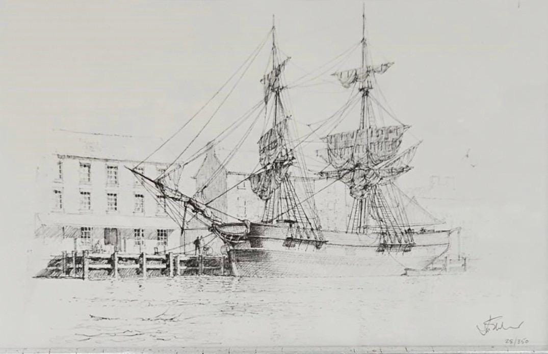 John Stobart Maritime Drawings - Quiet Haven and Brig Swan at Georgetown
