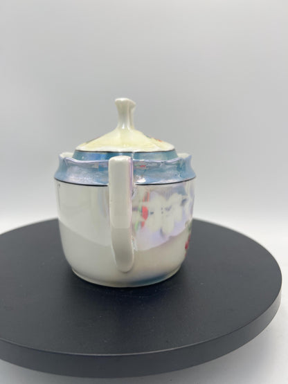 Vintage Bavaria Porcelain Cream & Sugar Set w/ Lid – Iridescent Lusterware Floral Roses Germany Cottage Chic Tea Service