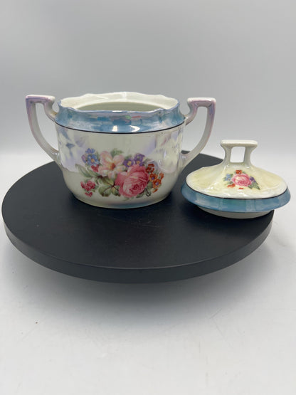 Vintage Bavaria Porcelain Cream & Sugar Set w/ Lid – Iridescent Lusterware Floral Roses Germany Cottage Chic Tea Service