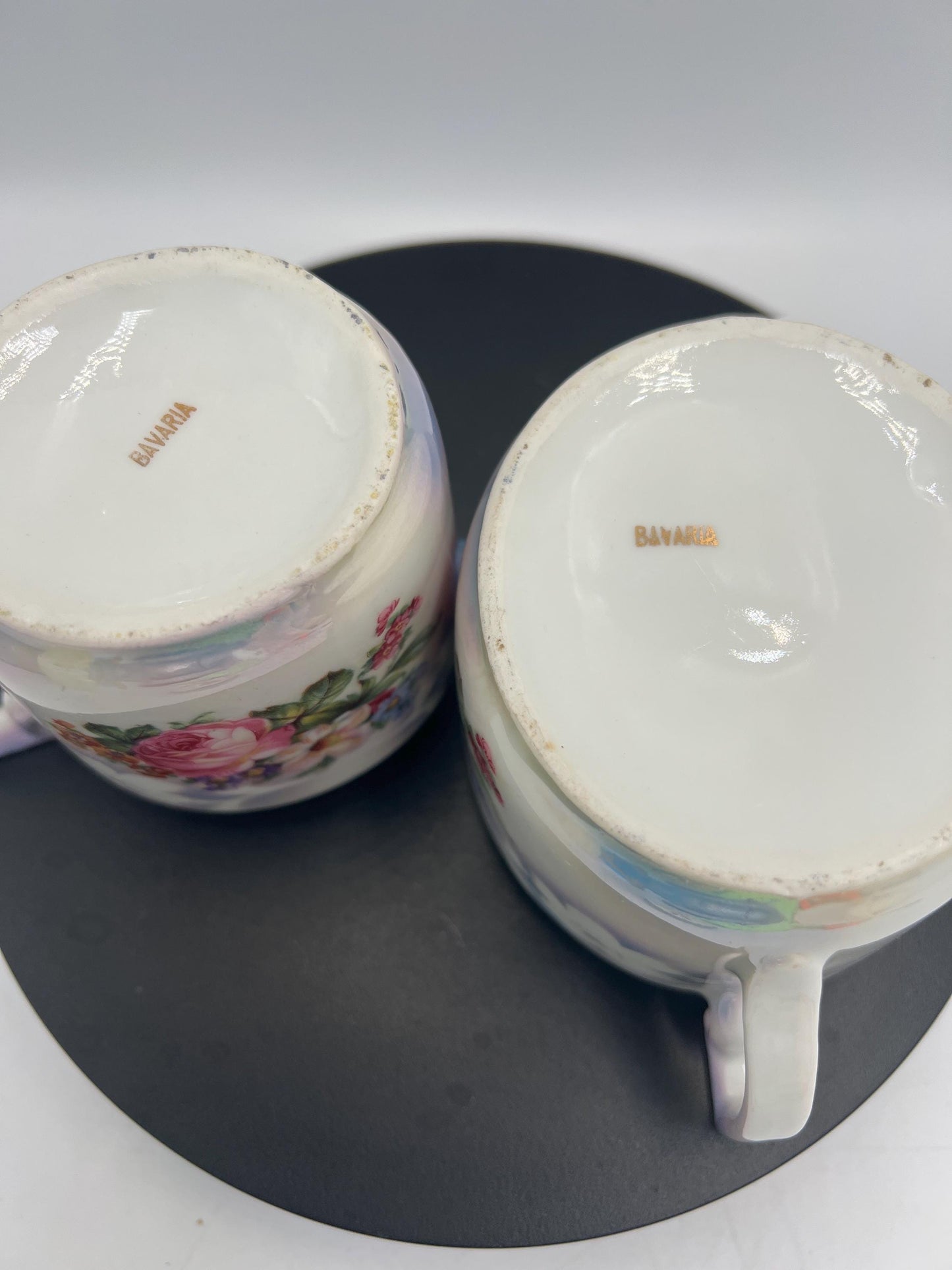 Vintage Bavaria Porcelain Cream & Sugar Set w/ Lid – Iridescent Lusterware Floral Roses Germany Cottage Chic Tea Service