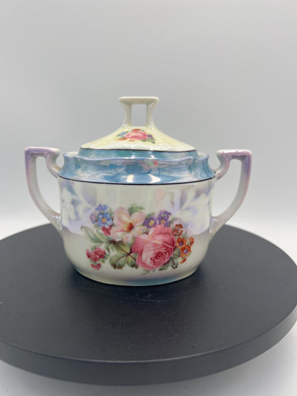 Vintage Bavaria Porcelain Cream & Sugar Set w/ Lid – Iridescent Lusterware Floral Roses Germany Cottage Chic Tea Service