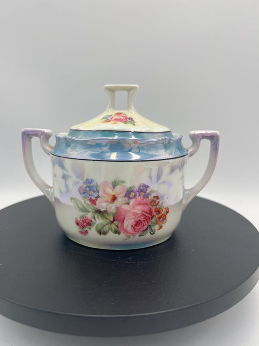 Vintage Bavaria Porcelain Cream & Sugar Set w/ Lid – Iridescent Lusterware Floral Roses Germany Cottage Chic Tea Service