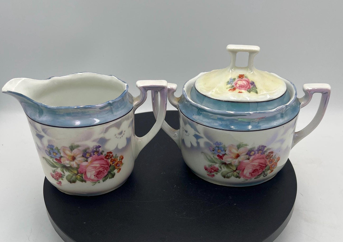 Vintage Bavaria Porcelain Cream & Sugar Set w/ Lid – Iridescent Lusterware Floral Roses Germany Cottage Chic Tea Service