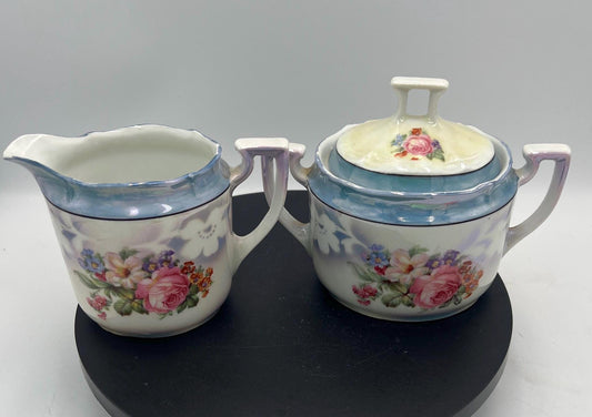 Vintage Bavaria Porcelain Cream & Sugar Set w/ Lid – Iridescent Lusterware Floral Roses Germany Cottage Chic Tea Service