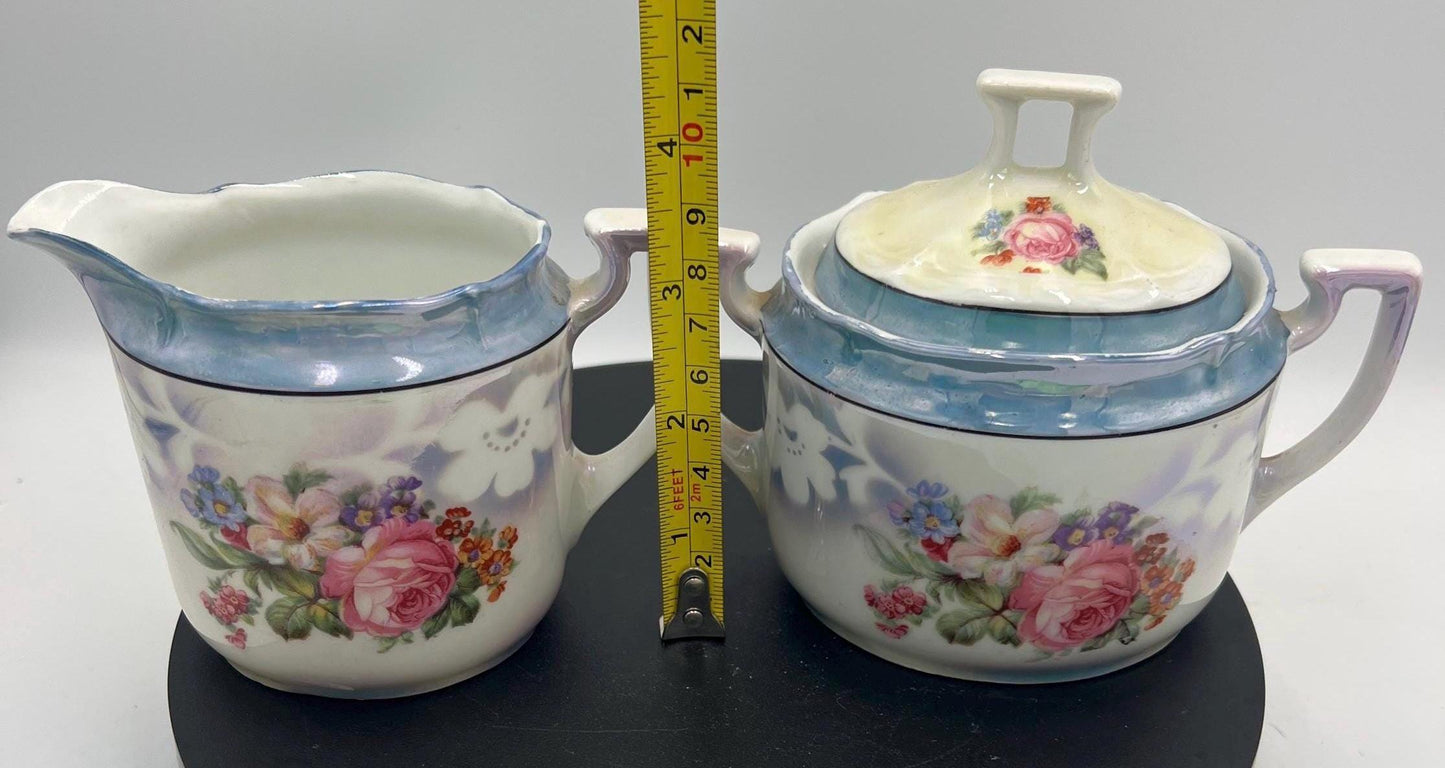 Vintage Bavaria Porcelain Cream & Sugar Set w/ Lid – Iridescent Lusterware Floral Roses Germany Cottage Chic Tea Service