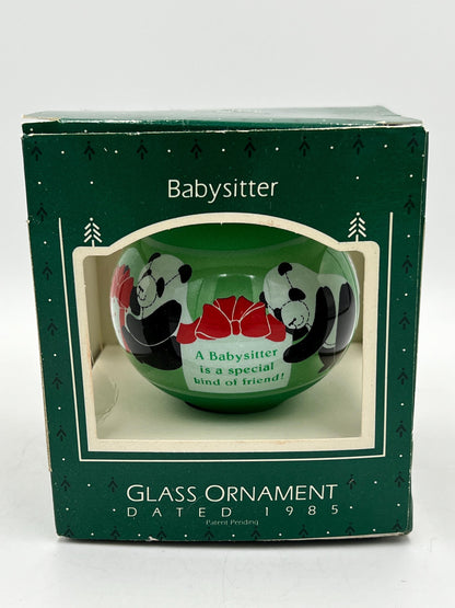 Christmas Ornament - Hallmark Baby Sitter Glass Ornament 1985 NOS NRFB Panda Bears Candy Cane