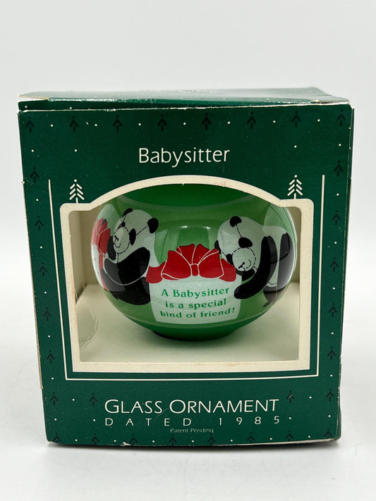Christmas Ornament - Hallmark Baby Sitter Glass Ornament 1985 NOS NRFB Panda Bears Candy Cane