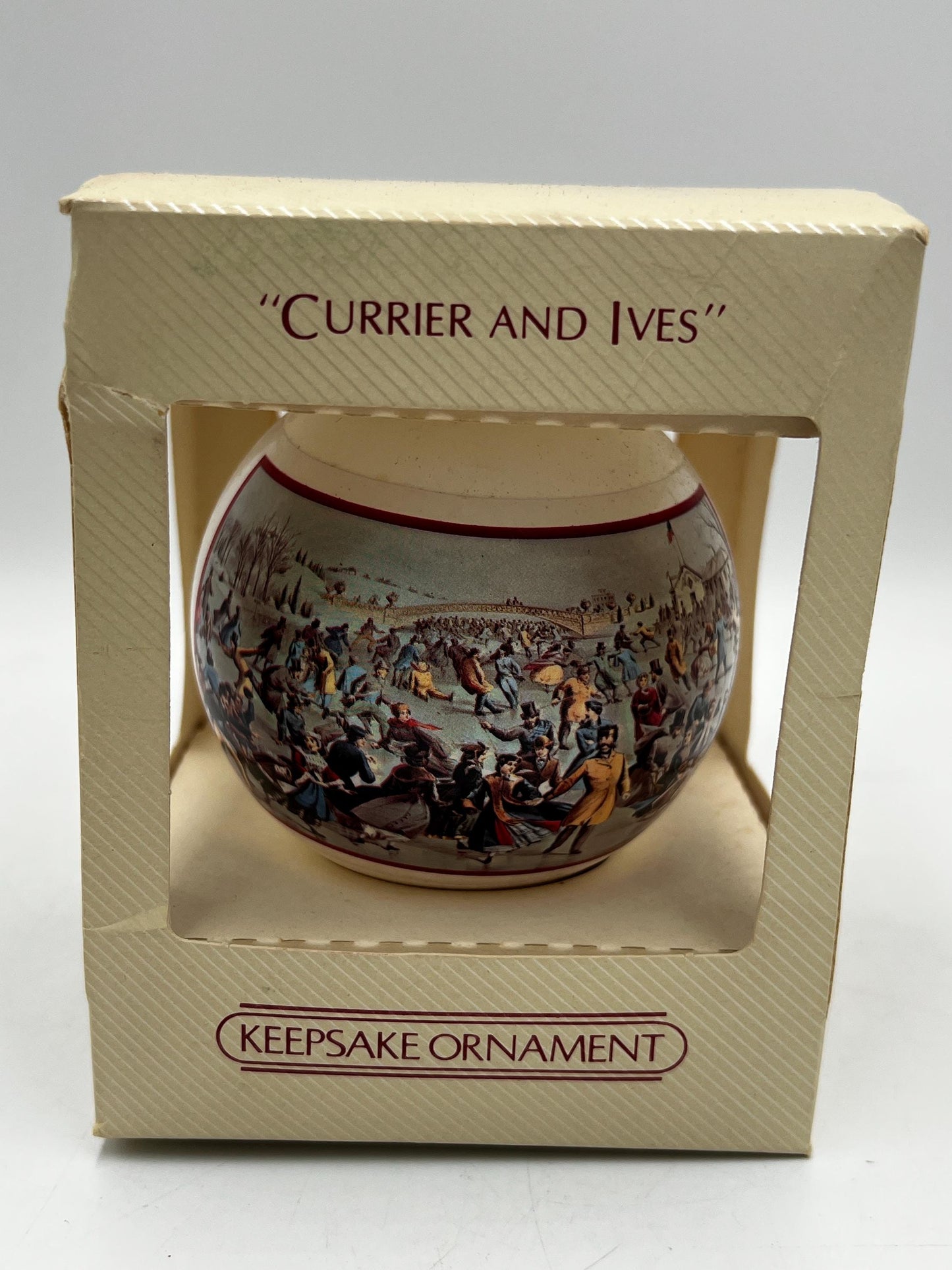 Vintage Currier & Ives Keepsake Christmas Ornaments Set of 2 – Winter Sleigh and Ice Skating Scenes – Original Boxes