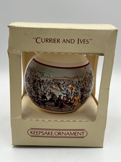 Vintage Currier & Ives Keepsake Christmas Ornaments Set of 2 – Winter Sleigh and Ice Skating Scenes – Original Boxes