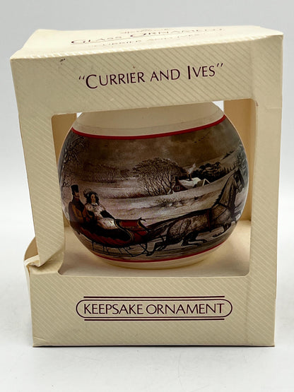 Vintage Currier & Ives Keepsake Christmas Ornaments Set of 2 – Winter Sleigh and Ice Skating Scenes – Original Boxes
