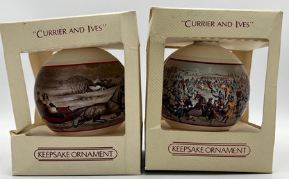 Vintage Currier & Ives Keepsake Christmas Ornaments Set of 2 – Winter Sleigh and Ice Skating Scenes – Original Boxes