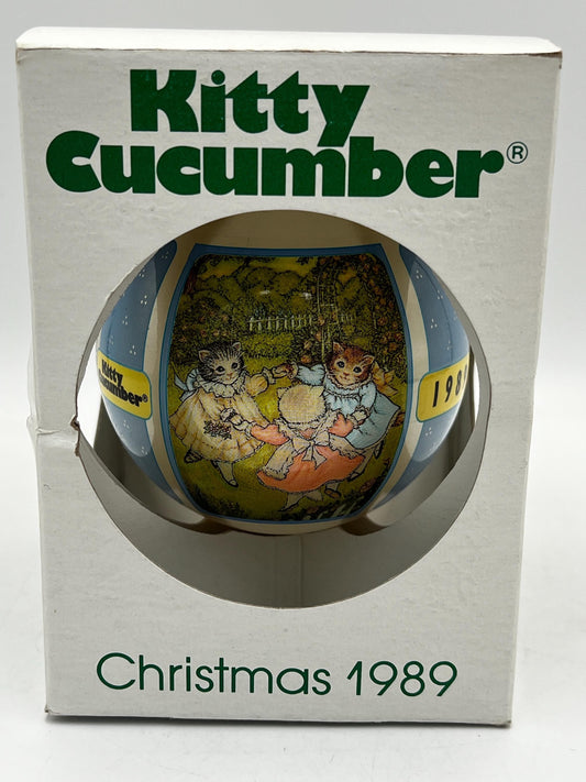 Vintage 1989 Kitty Cucumber Christmas Ornament – Schmid Glass Ball Ornament w/ Original Box – Dancing Kittens Holiday Collectible