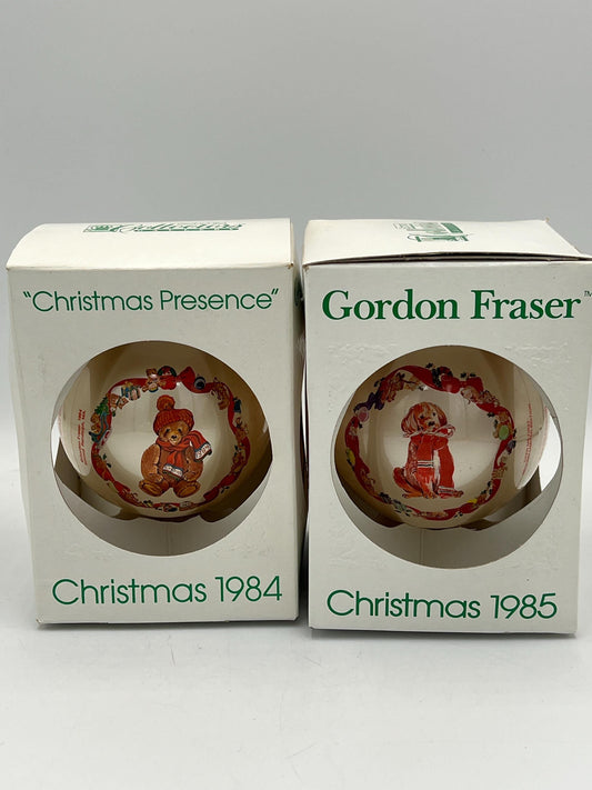 Vintage Gordon Fraser Schmid Glass Ball Christmas Ornaments Set of 2 (1984 1985) – “Christmas Presence” & “Open Me First” – Original Boxes