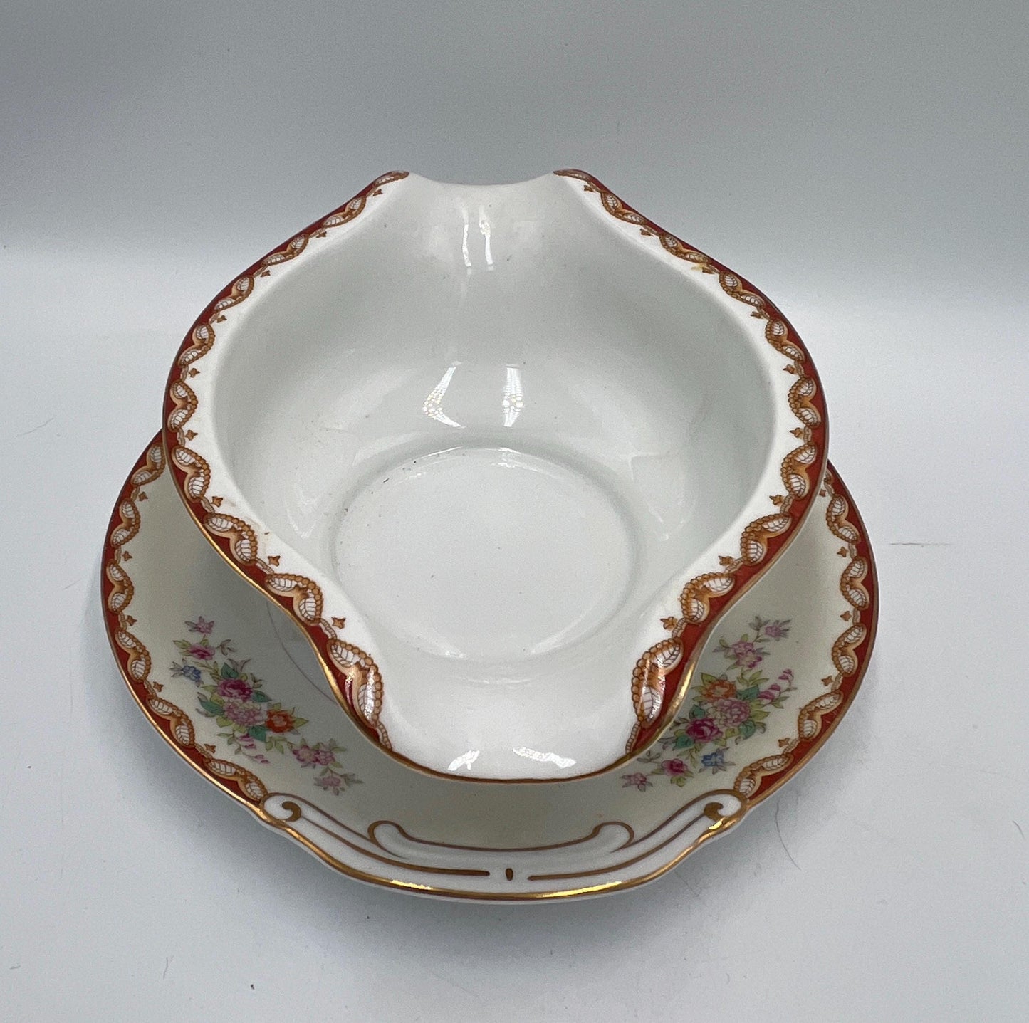 Vintage Diamond China Japan Gravy Boat with Underplate, Floral Gold Trim Serving Dish, Mid Century Japanese Porcelain