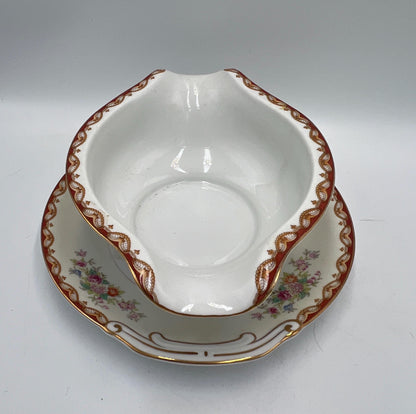 Vintage Diamond China Japan Gravy Boat with Underplate, Floral Gold Trim Serving Dish, Mid Century Japanese Porcelain
