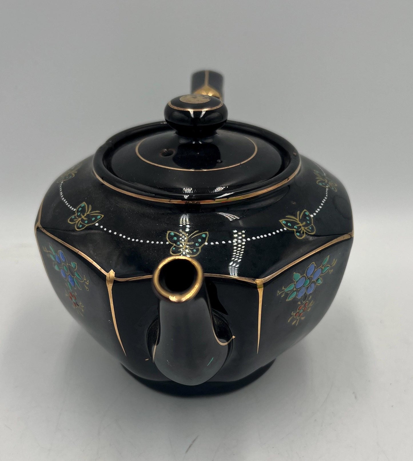 Vintage Japanese Black Porcelain Teapot Gold Trim Blue Floral Butterfly Design Art Deco Tea Pot Made in Japan with Lid