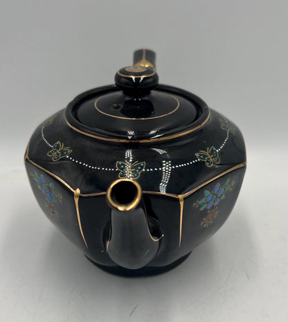Vintage Japanese Black Porcelain Teapot Gold Trim Blue Floral Butterfly Design Art Deco Tea Pot Made in Japan with Lid