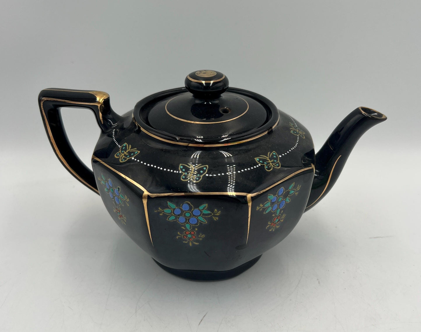 Vintage Japanese Black Porcelain Teapot Gold Trim Blue Floral Butterfly Design Art Deco Tea Pot Made in Japan with Lid