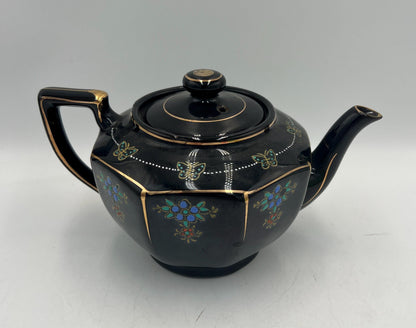 Vintage Japanese Black Porcelain Teapot Gold Trim Blue Floral Butterfly Design Art Deco Tea Pot Made in Japan with Lid