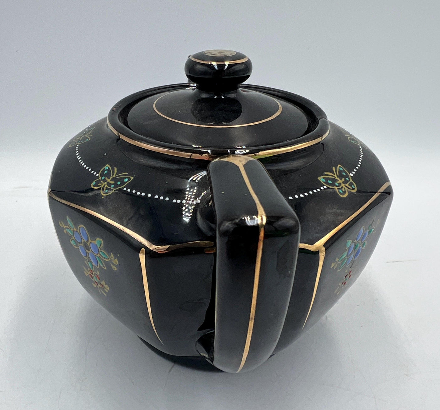 Vintage Japanese Black Porcelain Teapot Gold Trim Blue Floral Butterfly Design Art Deco Tea Pot Made in Japan with Lid