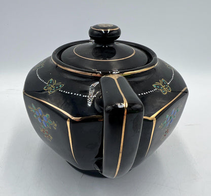 Vintage Japanese Black Porcelain Teapot Gold Trim Blue Floral Butterfly Design Art Deco Tea Pot Made in Japan with Lid