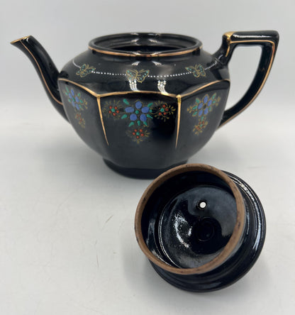 Vintage Japanese Black Porcelain Teapot Gold Trim Blue Floral Butterfly Design Art Deco Tea Pot Made in Japan with Lid
