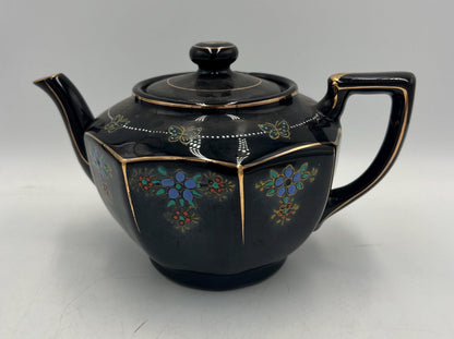 Vintage Japanese Black Porcelain Teapot Gold Trim Blue Floral Butterfly Design Art Deco Tea Pot Made in Japan with Lid