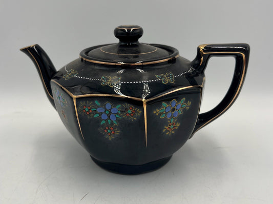Vintage Japanese Black Porcelain Teapot Gold Trim Blue Floral Butterfly Design Art Deco Tea Pot Made in Japan with Lid