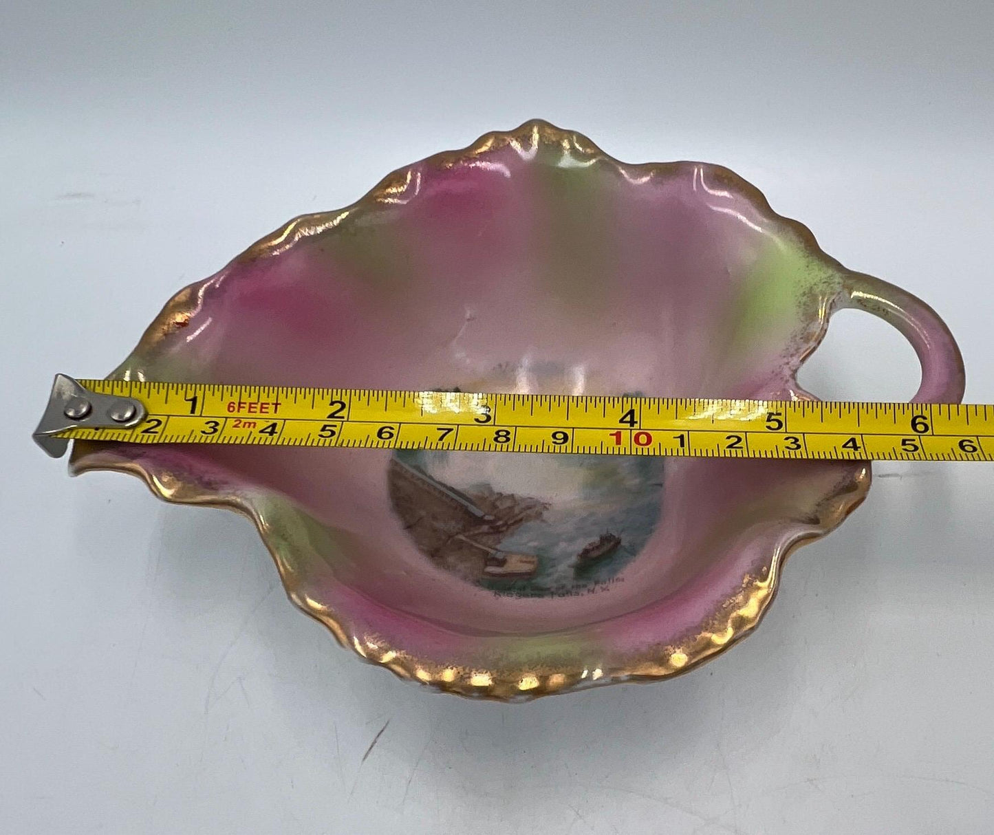 Antique Victoria Austria Niagara Falls Souvenir Leaf Bowl Pink Lustre Porcelain Handled Nappy Gold Gilt Scenic Dish