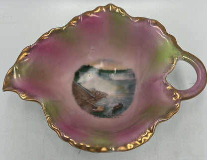 Antique Victoria Austria Niagara Falls Souvenir Leaf Bowl Pink Lustre Porcelain Handled Nappy Gold Gilt Scenic Dish