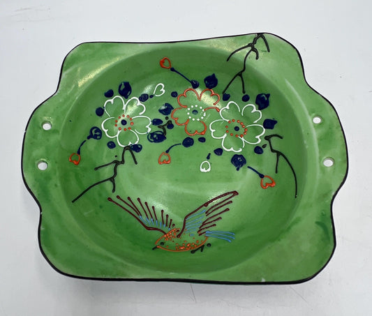 Vintage Made in Japan Green Lusterware Bird Floral Trinket Dish Hand Painted Square Decorative Bowl Mid Century Japanese Porcelain