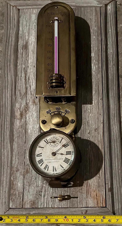 Antique Minneapolis Heat Regulator Thermostat w Clock | Early Programmable Wall Thermometer | Industrial Brass Heating Control | c.1915-1918