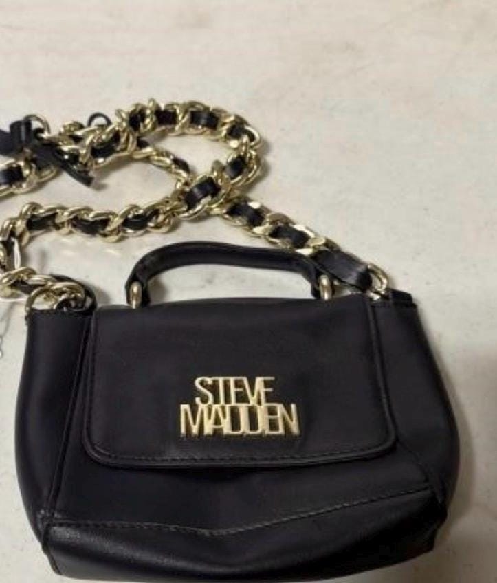 Steve Madden BELSA Mini Crossbody Purse Black Faux Leather Gold Chain Top Handle Satchel Small Shoulder Bag