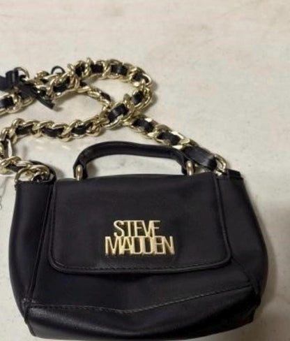 Steve Madden BELSA Mini Crossbody Purse Black Faux Leather Gold Chain Top Handle Satchel Small Shoulder Bag