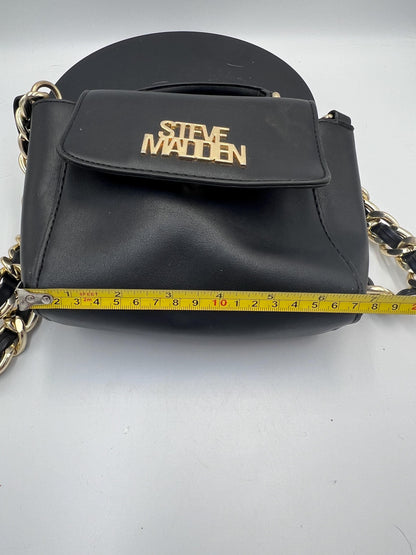 Steve Madden BELSA Mini Crossbody Purse Black Faux Leather Gold Chain Top Handle Satchel Small Shoulder Bag