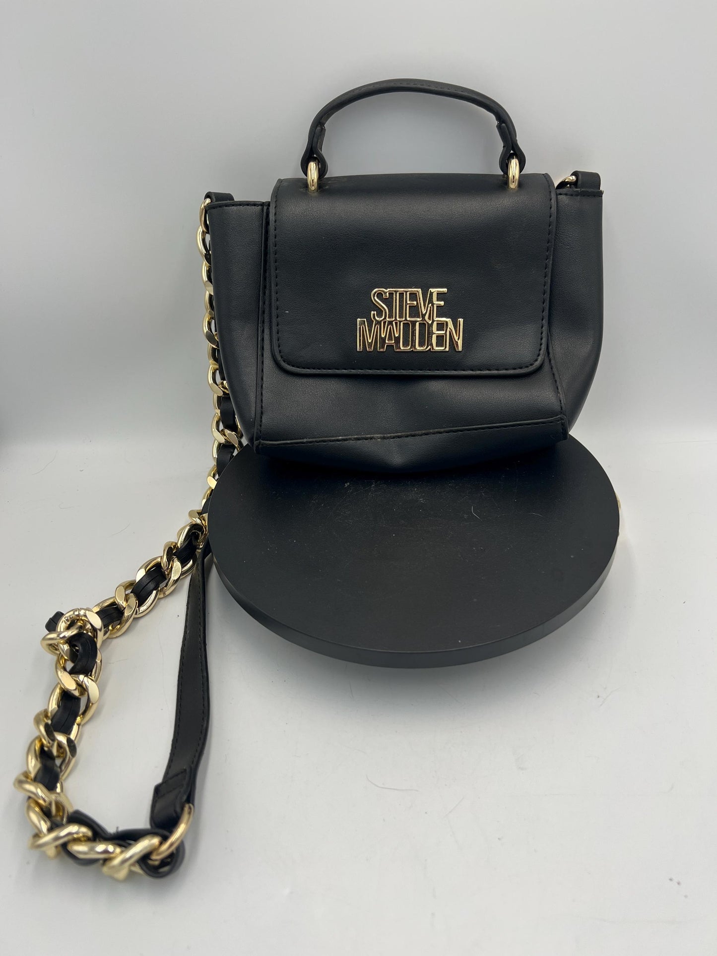 Steve Madden BELSA Mini Crossbody Purse Black Faux Leather Gold Chain Top Handle Satchel Small Shoulder Bag