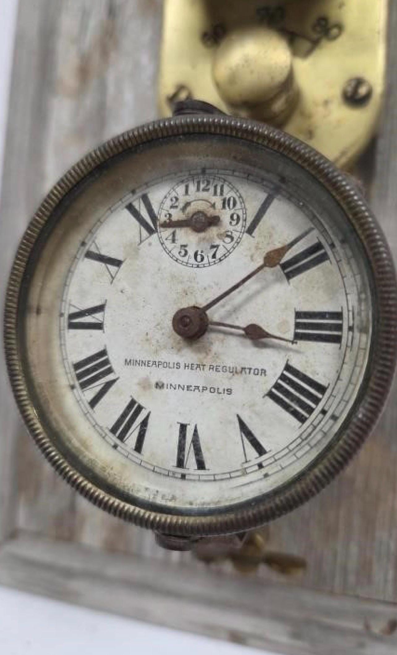 Antique Minneapolis Heat Regulator Thermostat w Clock | Early Programmable Wall Thermometer | Industrial Brass Heating Control | c.1915-1918