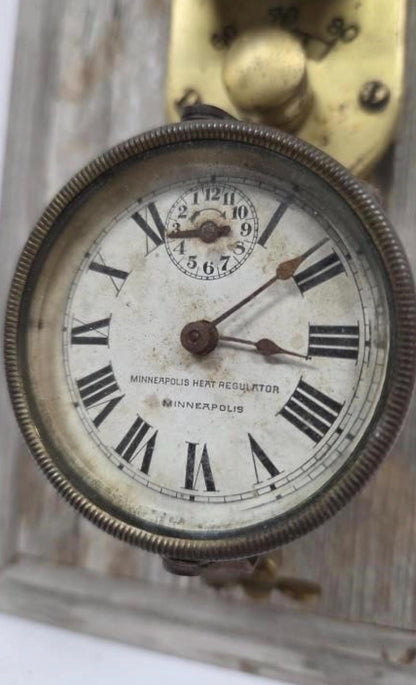Antique Minneapolis Heat Regulator Thermostat w Clock | Early Programmable Wall Thermometer | Industrial Brass Heating Control | c.1915-1918