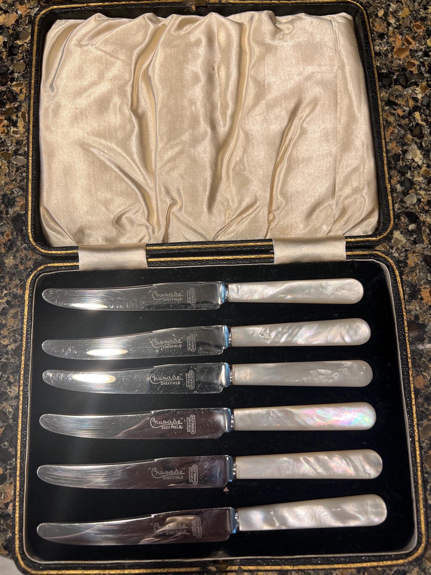 Vintage Boxed Set of 6 Sheffield "Crusade" Fruit Knives | Genuine Mother of Pearl Handles & Firths Stainless Steel Blades | Original Case