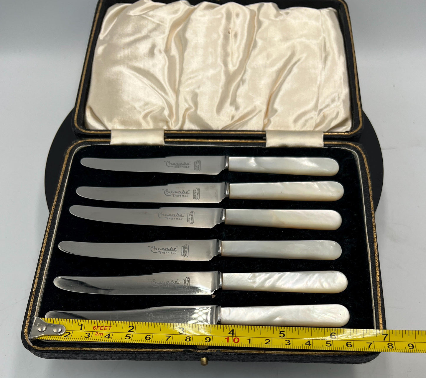 Vintage Boxed Set of 6 Sheffield "Crusade" Fruit Knives | Genuine Mother of Pearl Handles & Firths Stainless Steel Blades | Original Case