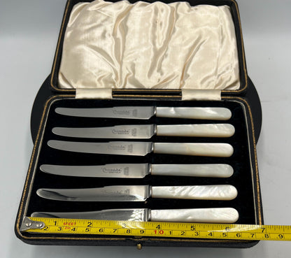 Vintage Boxed Set of 6 Sheffield "Crusade" Fruit Knives | Genuine Mother of Pearl Handles & Firths Stainless Steel Blades | Original Case