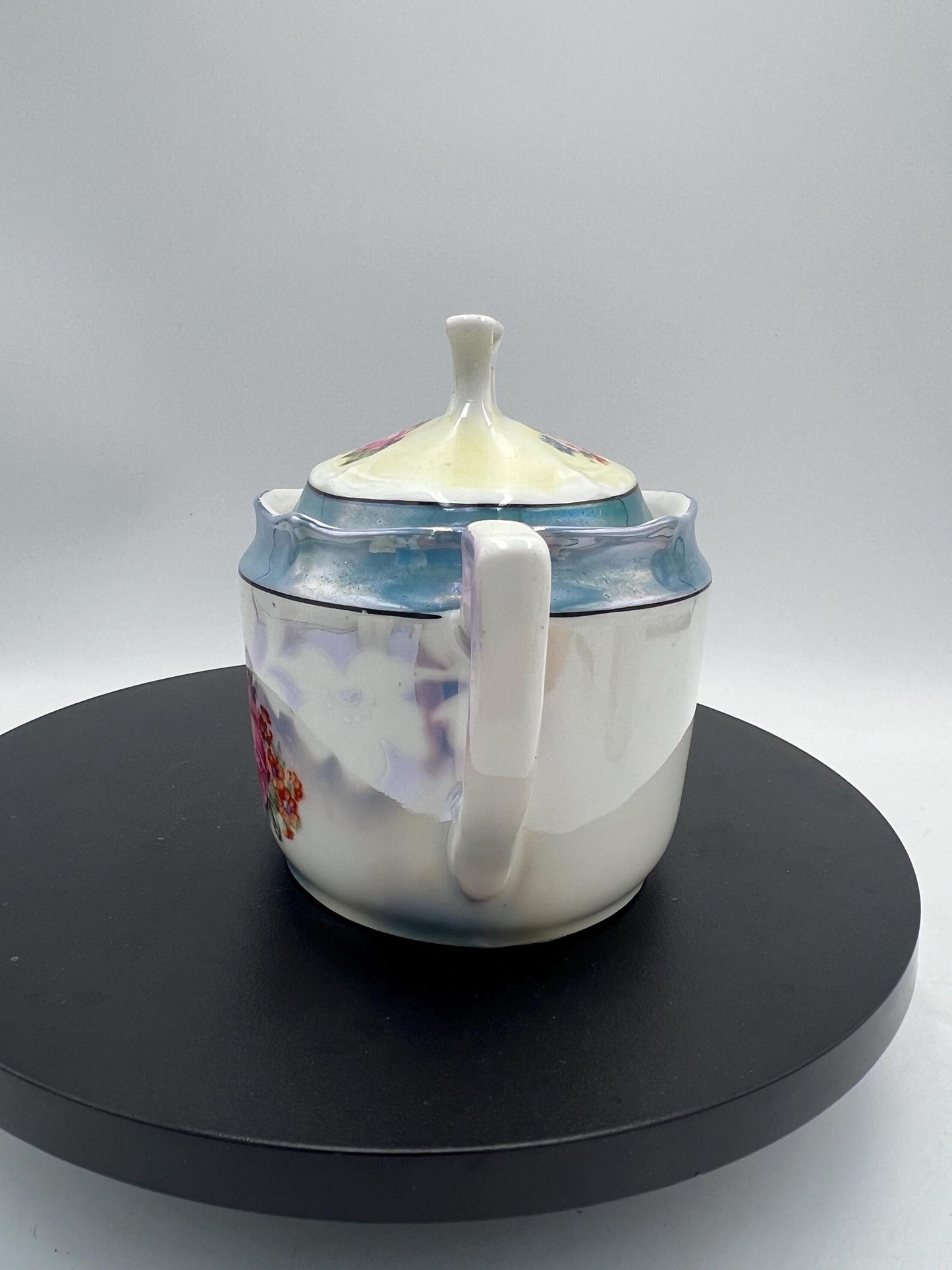 Vintage Bavaria Porcelain Cream & Sugar Set w/ Lid – Iridescent Lusterware Floral Roses Germany Cottage Chic Tea Service