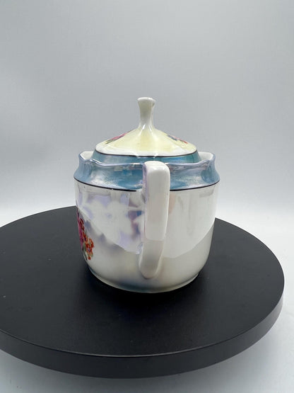 Vintage Bavaria Porcelain Cream & Sugar Set w/ Lid – Iridescent Lusterware Floral Roses Germany Cottage Chic Tea Service