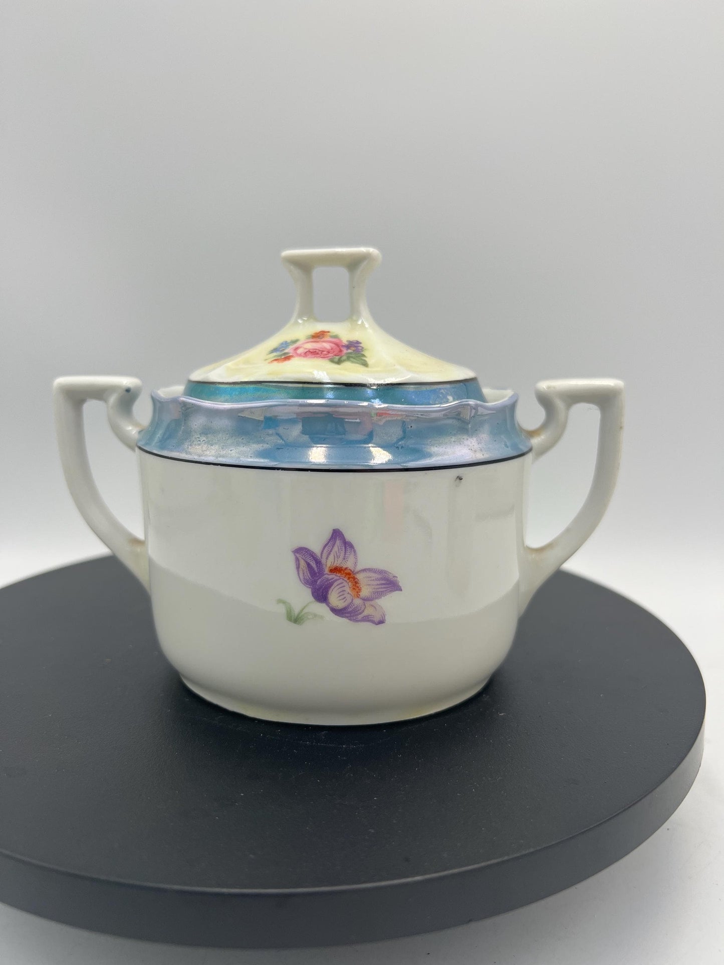 Vintage Bavaria Porcelain Cream & Sugar Set w/ Lid – Iridescent Lusterware Floral Roses Germany Cottage Chic Tea Service