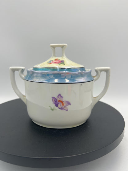 Vintage Bavaria Porcelain Cream & Sugar Set w/ Lid – Iridescent Lusterware Floral Roses Germany Cottage Chic Tea Service