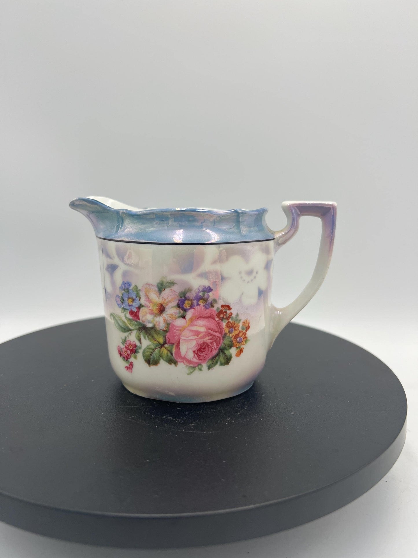 Vintage Bavaria Porcelain Cream & Sugar Set w/ Lid – Iridescent Lusterware Floral Roses Germany Cottage Chic Tea Service