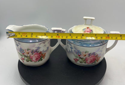 Vintage Bavaria Porcelain Cream & Sugar Set w/ Lid – Iridescent Lusterware Floral Roses Germany Cottage Chic Tea Service